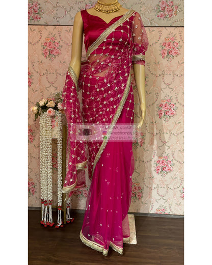 Hot Pink Cutdana Jaal Net Saree