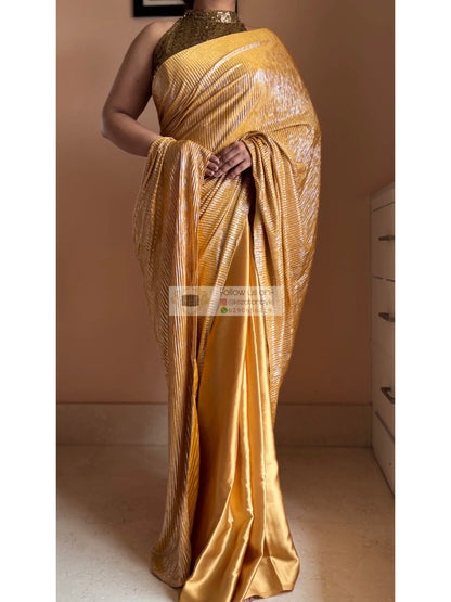 Yellow Satin Pleated Cocktail Saree