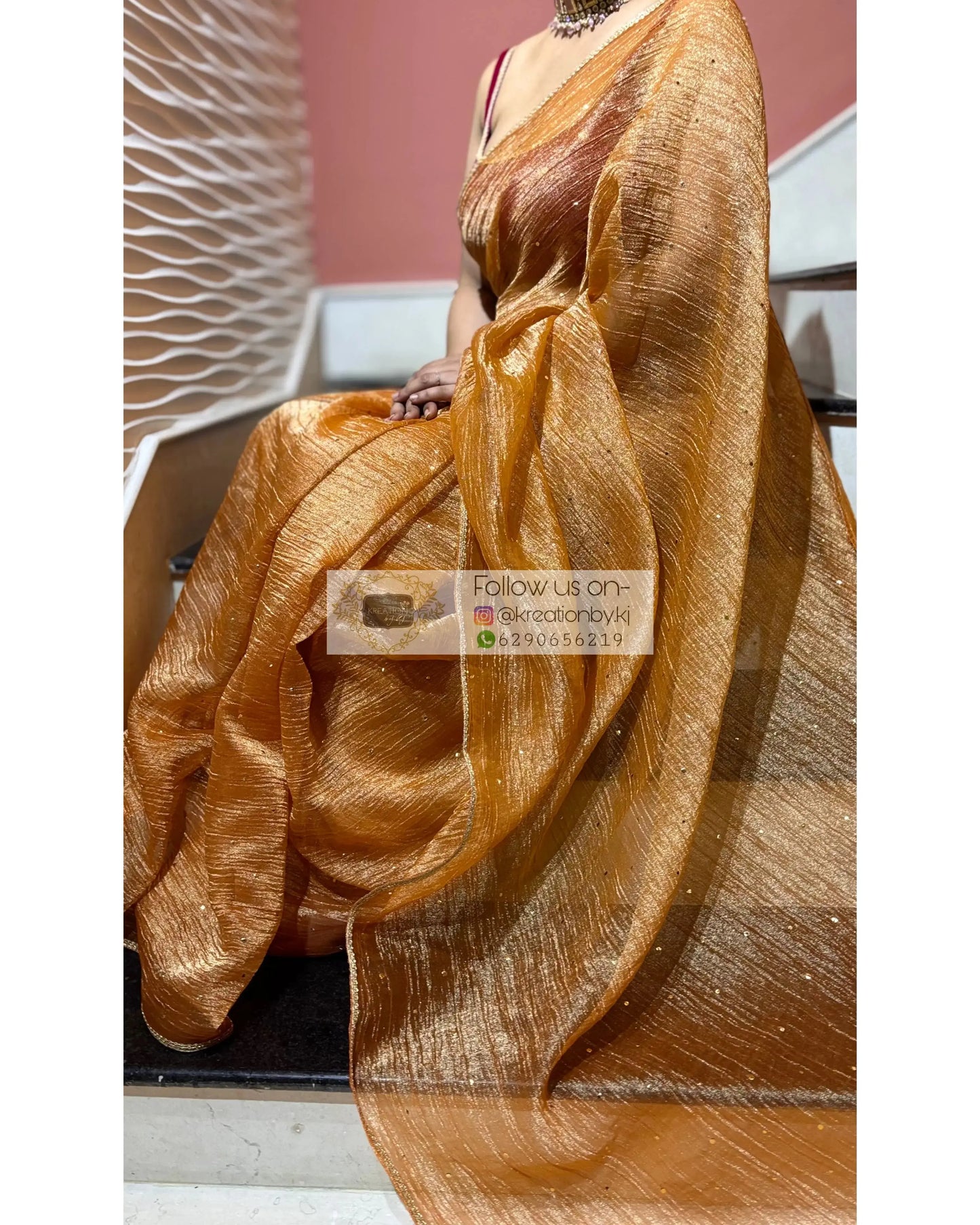 Burnt Orange Pure Tissue Saree with Mukaish Work Kreation by KJ