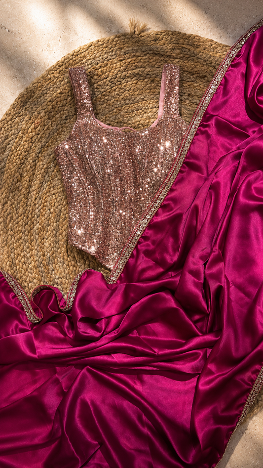 Hot Pink Satin Silk Cocktail Saree