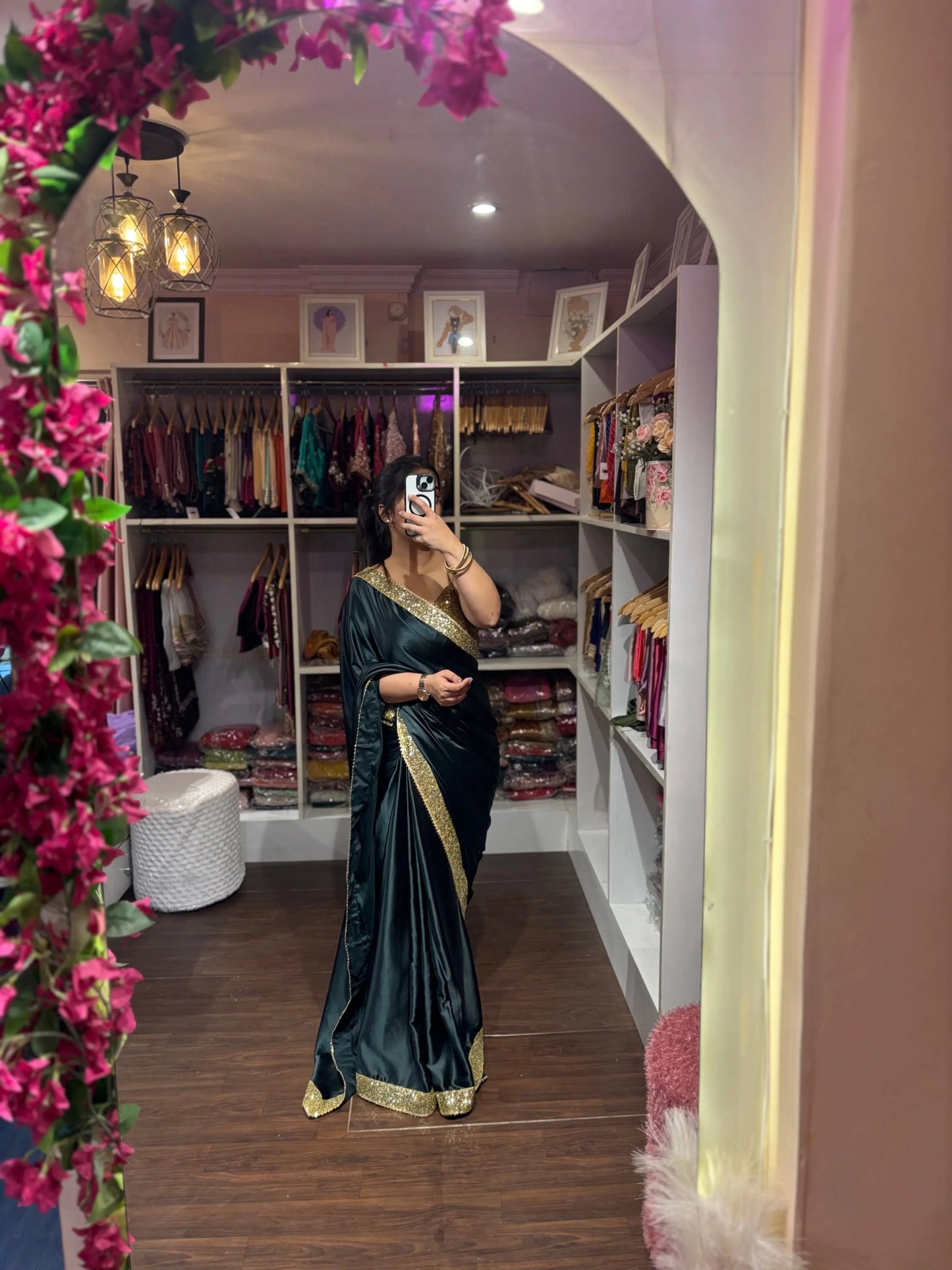 Dark Green Satin Silk Saree with Golden Shimmer Border Kreation by KJ