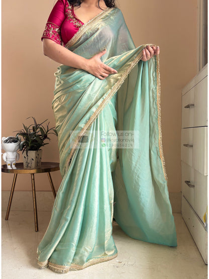 Pastel Green Metallic Shimmer Banno Saree kreationbykj