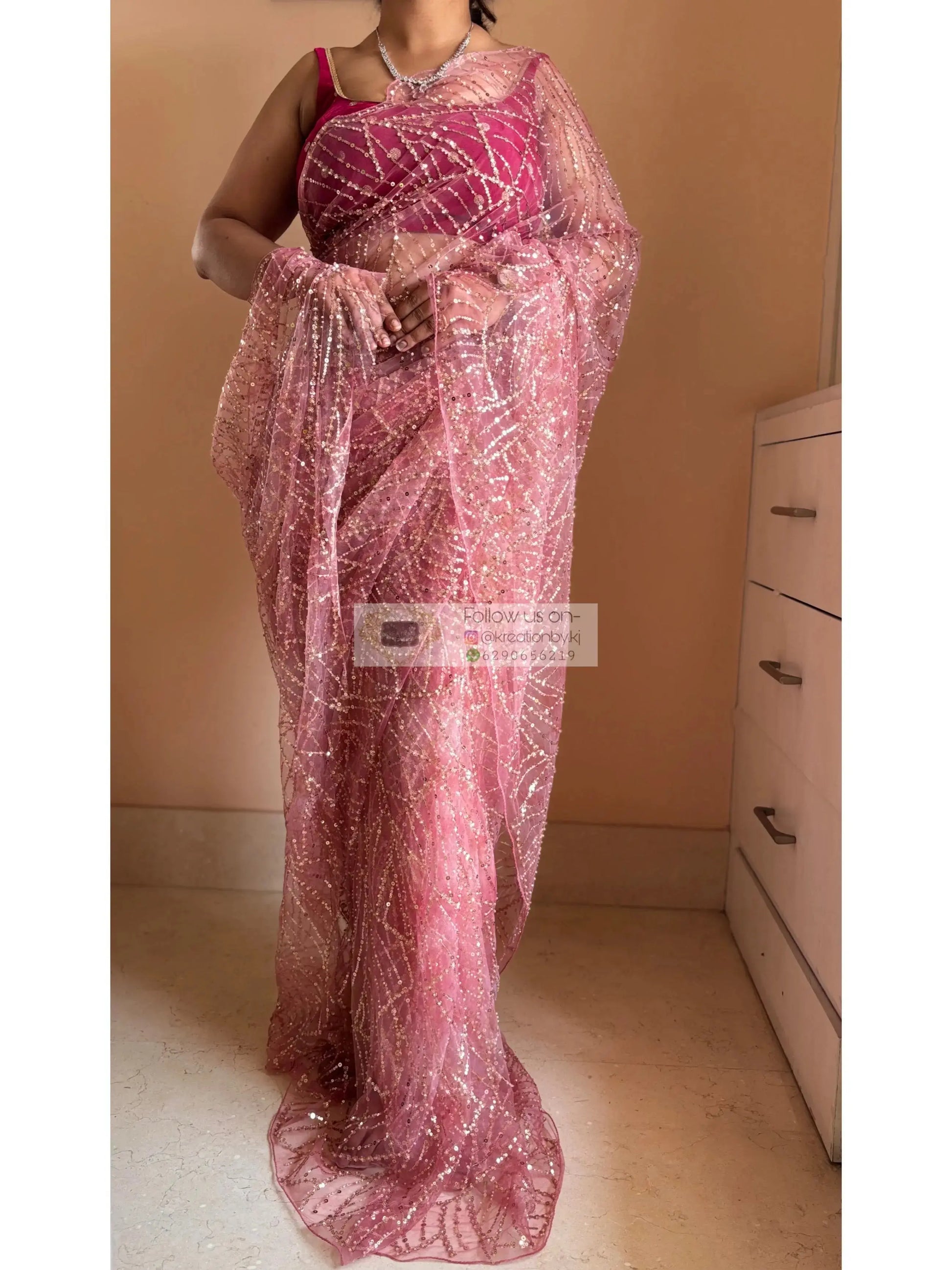 Pink Sequin Soiree Saree Kreation by KJ