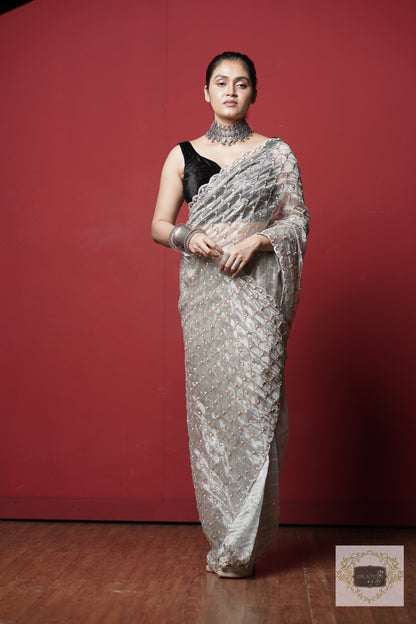 Silver Tissue Mehraab Jaal Saree