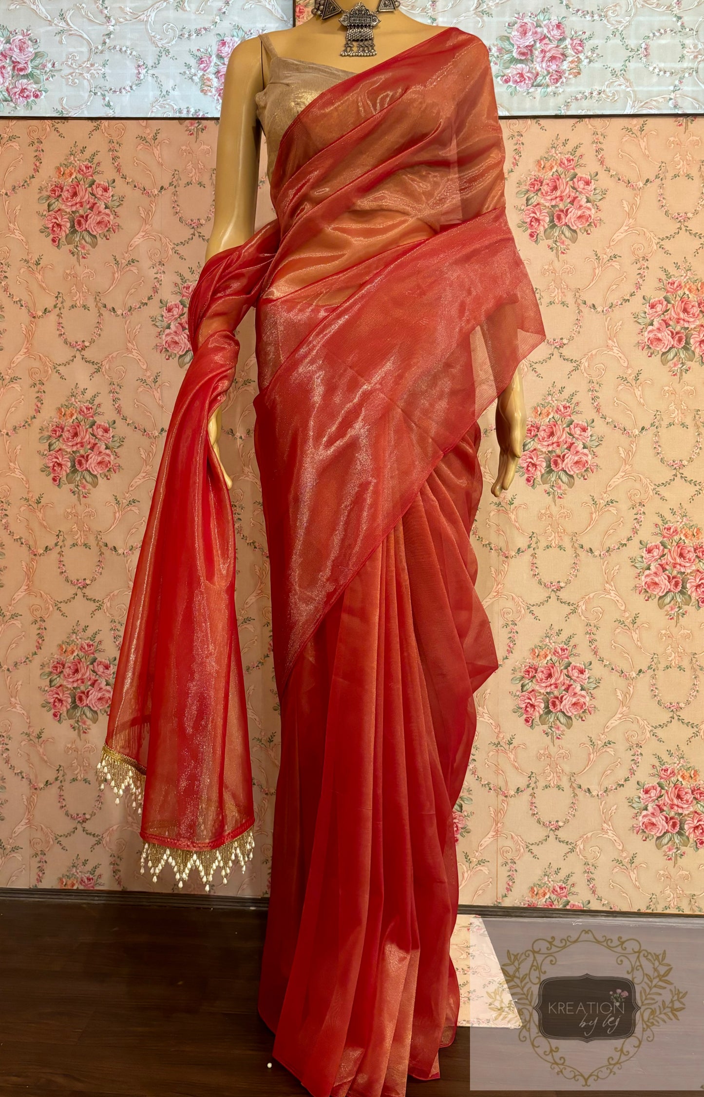 Orange Tissue Net Saree