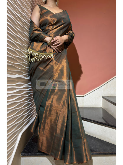 Copper Bronze Cotton Tissue Saree With Tassels in Pallu kreationbykj