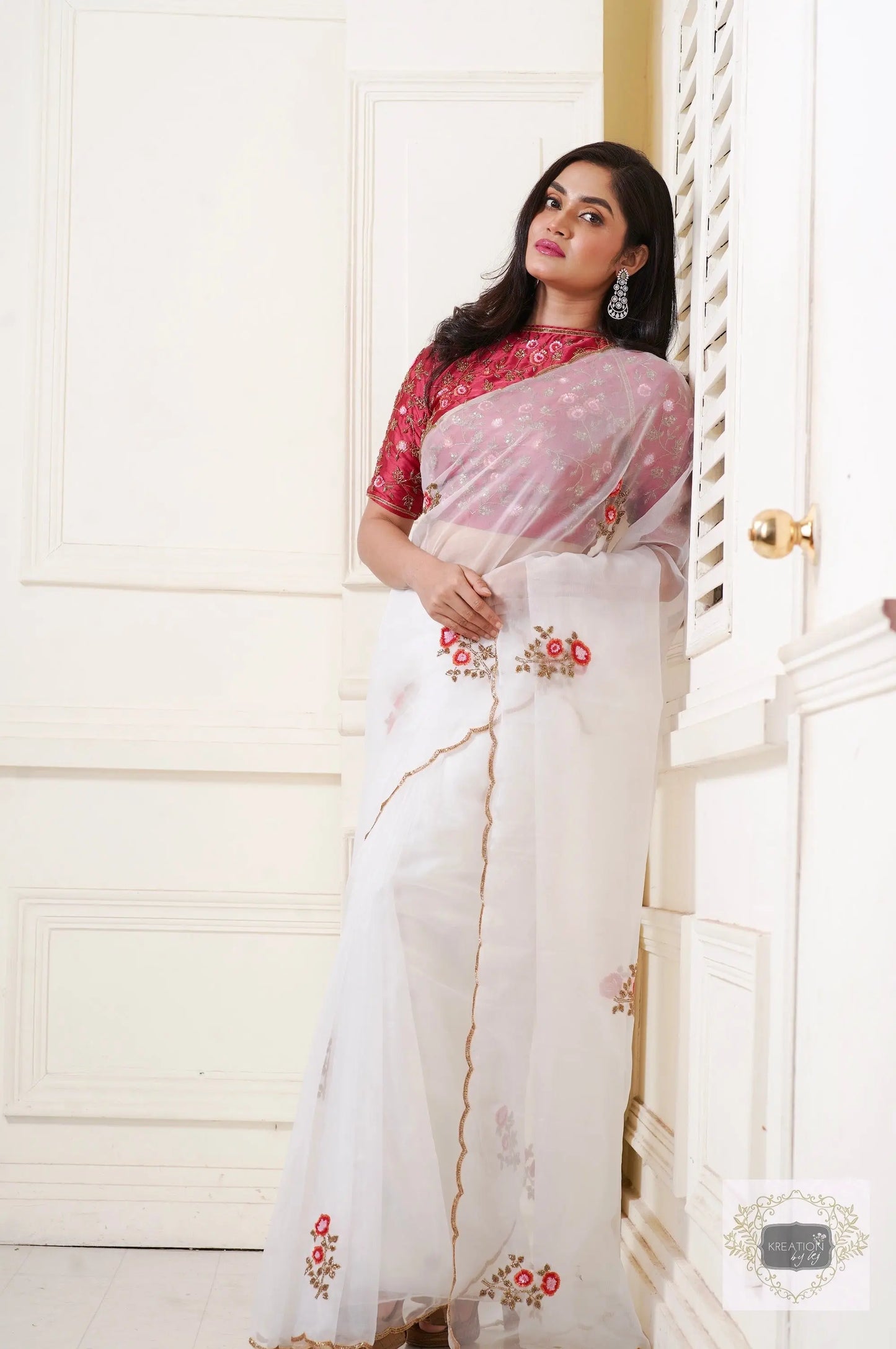 White Organza Remember The Roses Saree kreationbykj