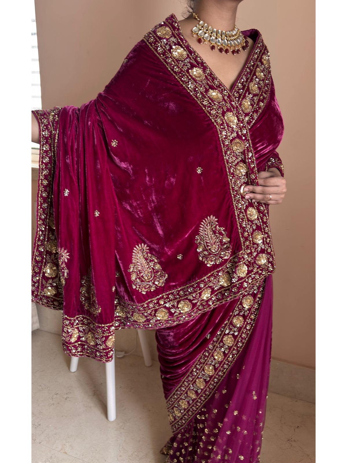 Purple Wine Vows in Velvet Saree