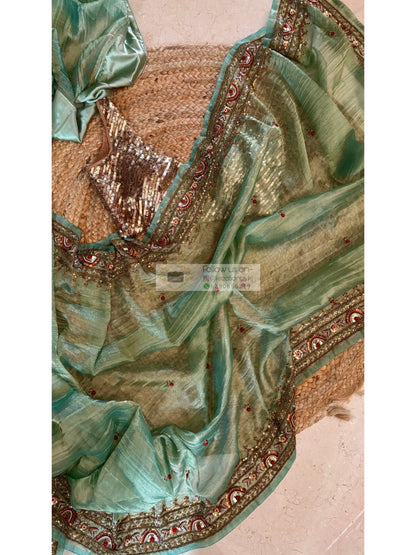 Crushed Green Tissue Saree With Hand embroidered Border