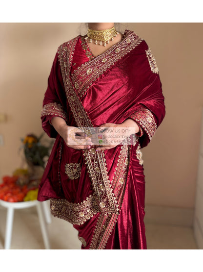 Naaz Burgundy Velvet Saree