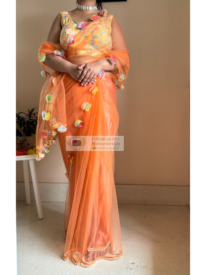 My Sassy Girl Orange Net Saree