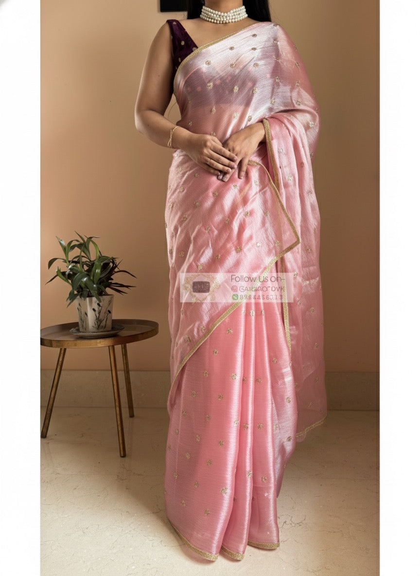 Peach Mettalic Chiffon Saree with Sequin Border kreationbykj
