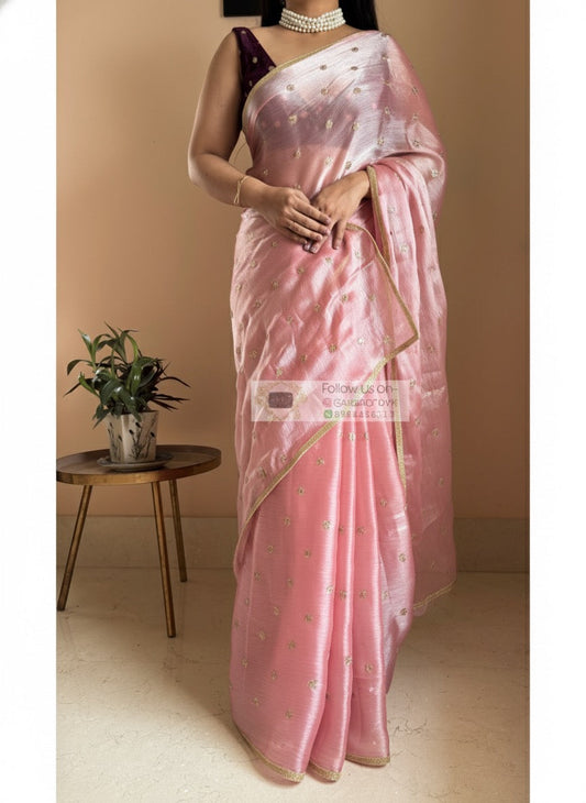 Peach Mettalic Chiffon Saree with Sequin Border kreationbykj