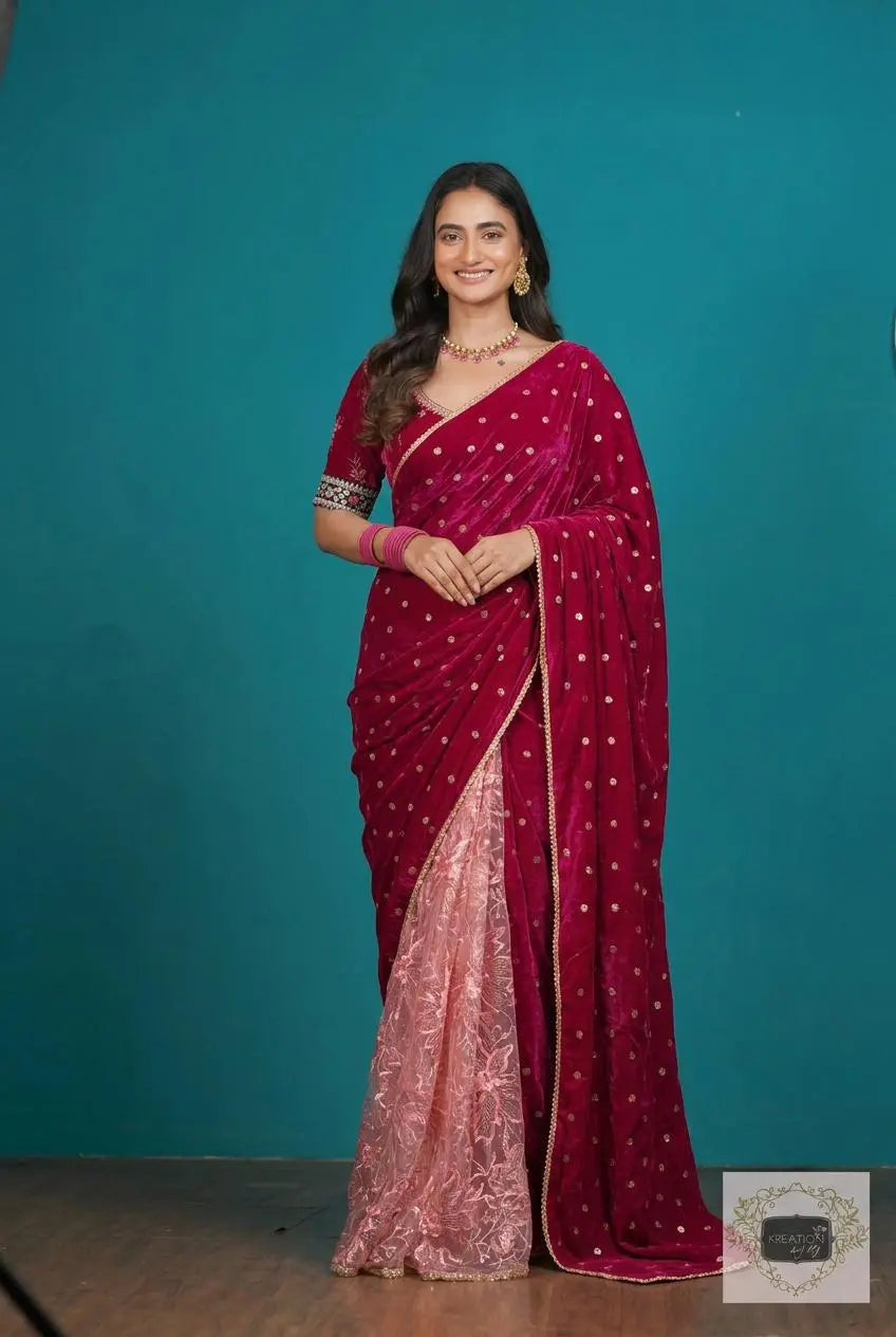 Half Magenta Pink Velvet And Net Embellished Saree Kreation by KJ