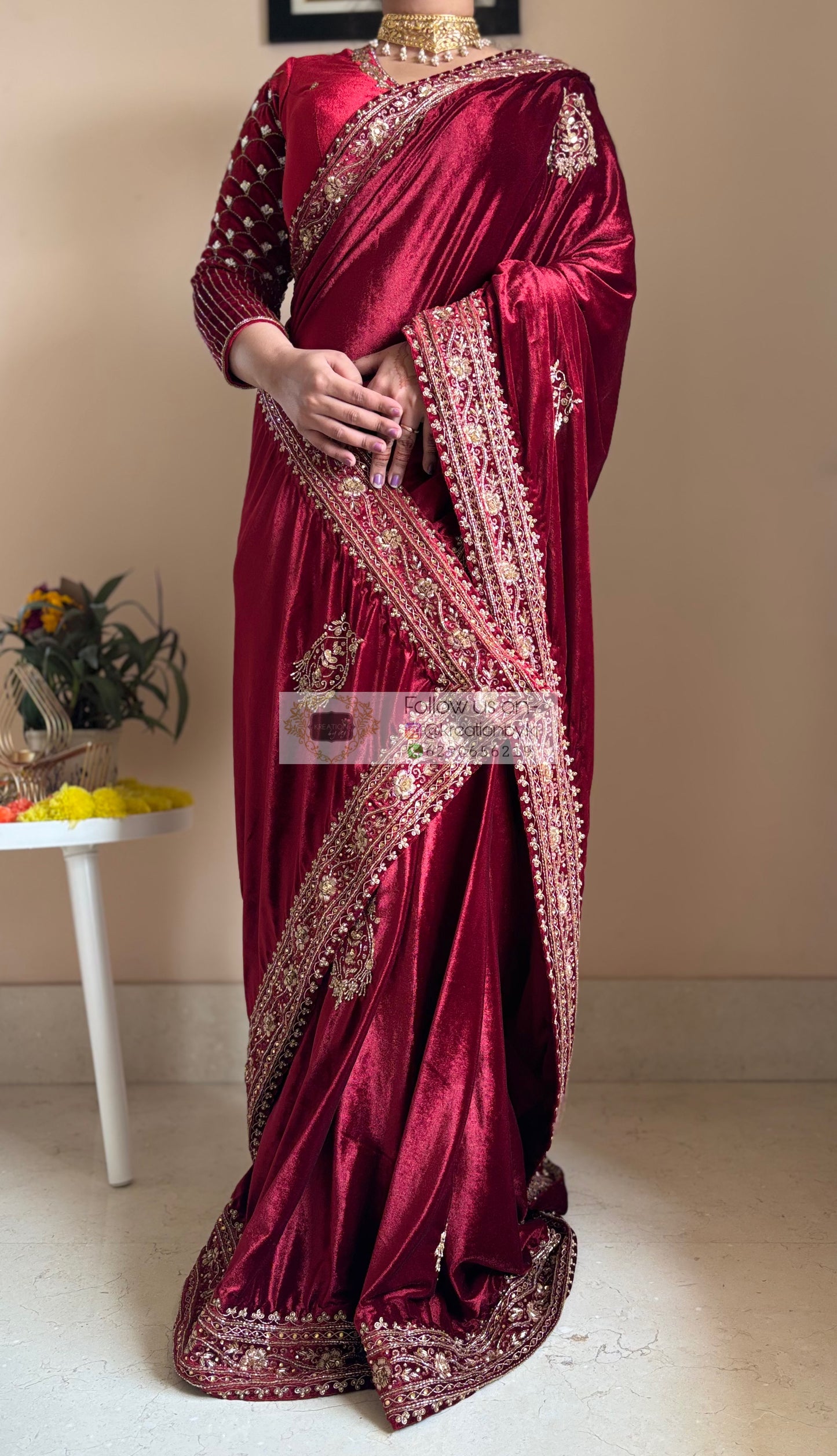 Naaz Burgundy Velvet Saree