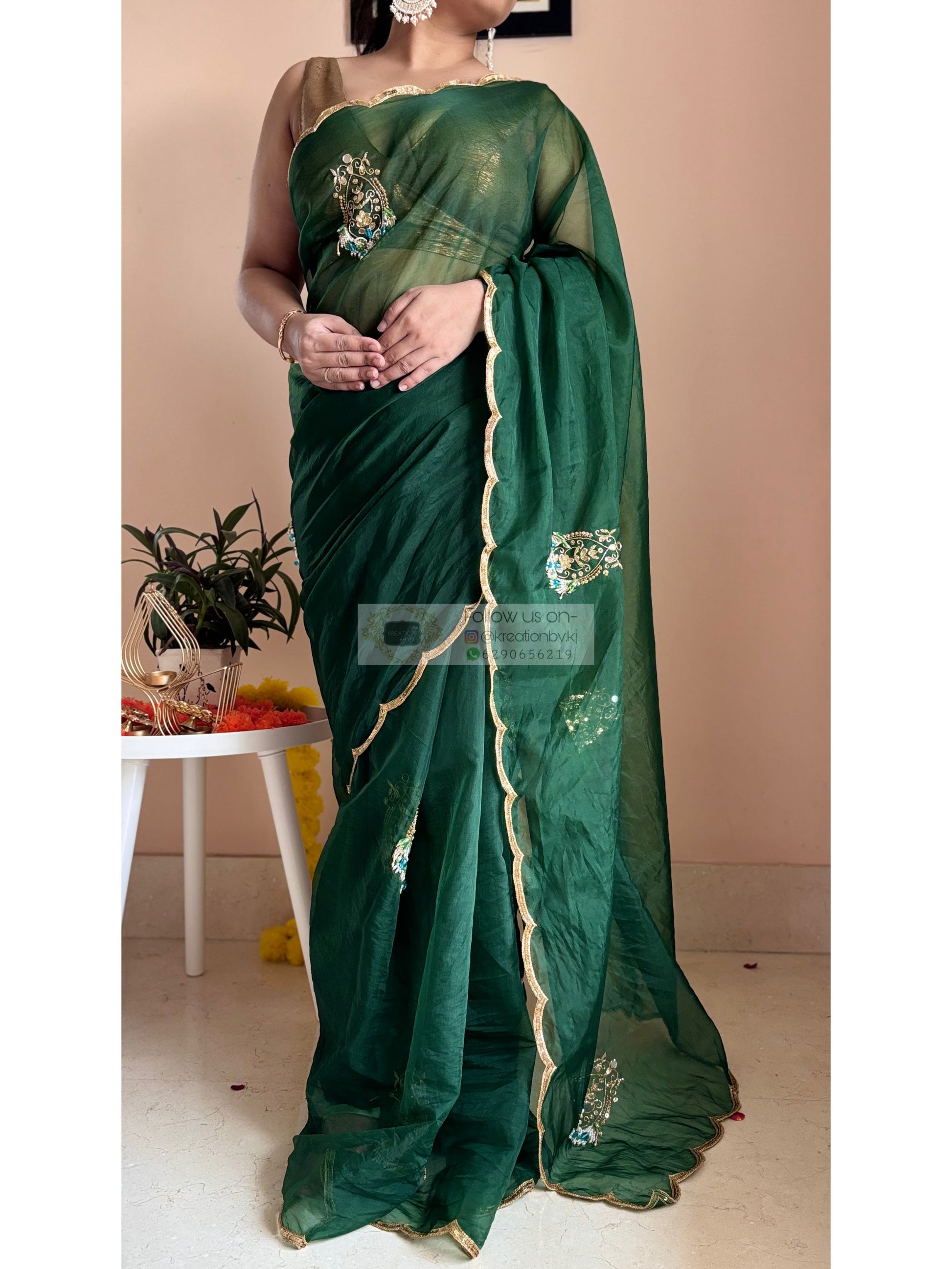 Scent of Yesterday Bottle Green Organza Saree Kreation by KJ