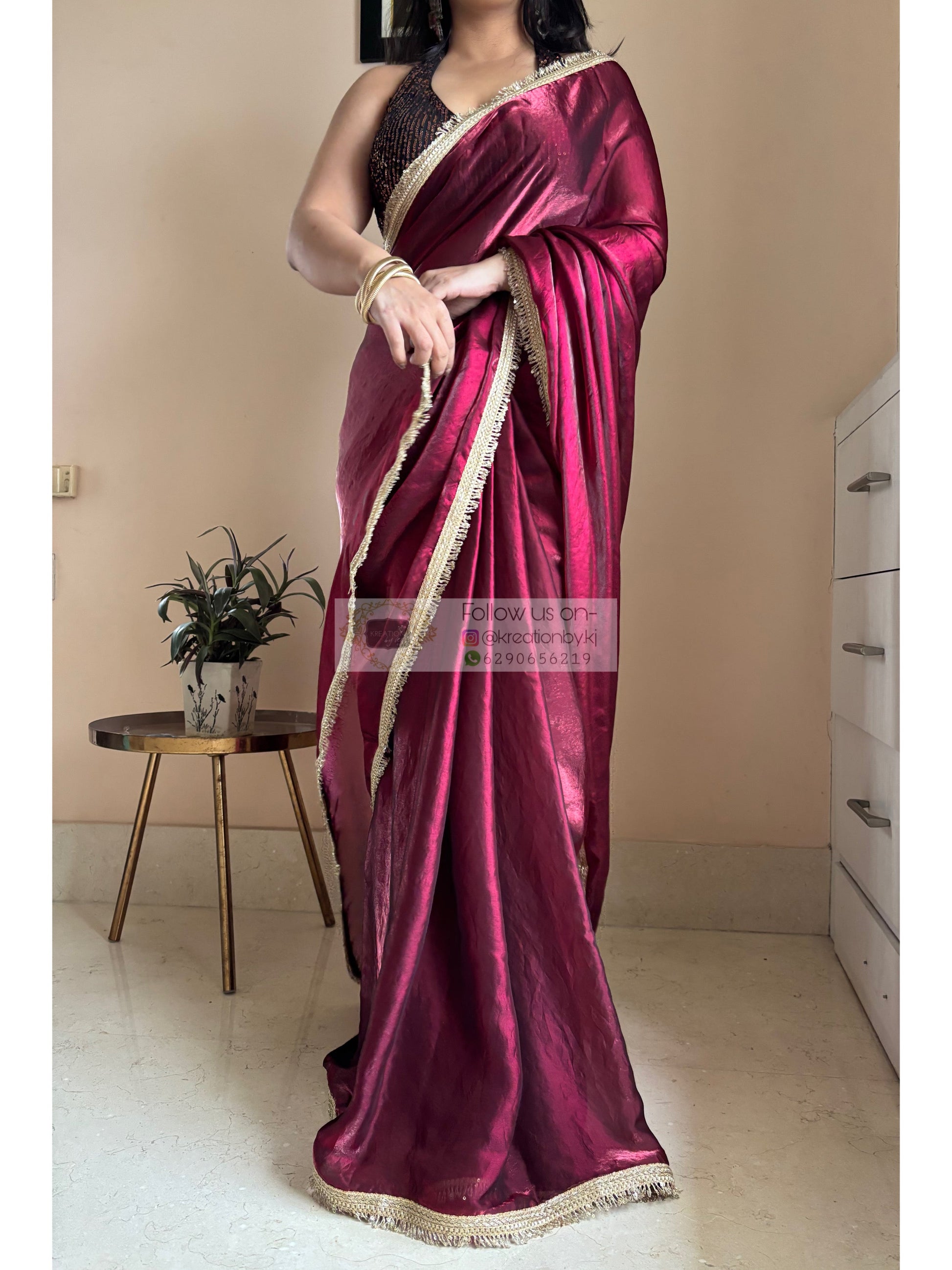 Cheery Wine Metallic Shimmer satin Banno Saree kreationbykj