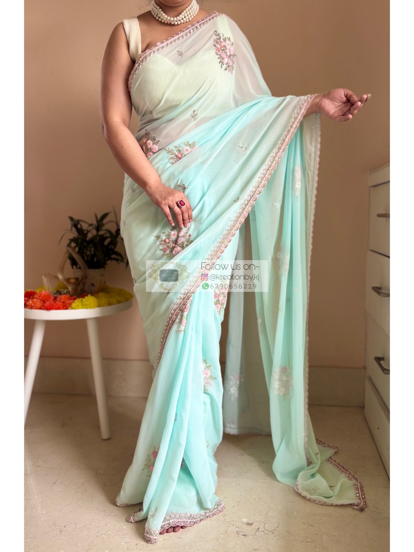 Powder Blue Floral Symphony Saree Kreation by KJ