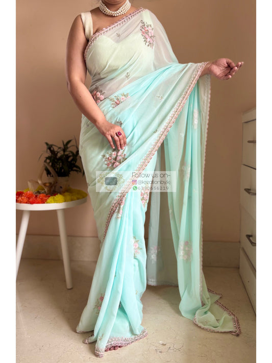 Powder Blue Floral Symphony Saree Kreation by KJ