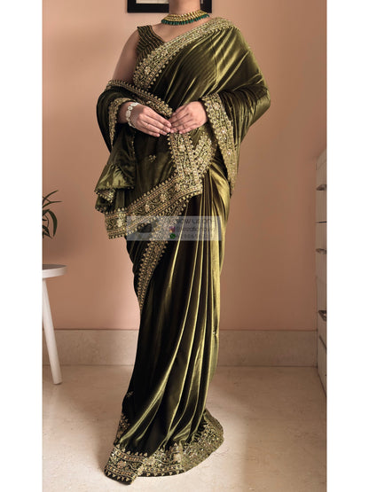 Mehendi  Green Velvet Zarina Saree for Wedding Kreation by KJ