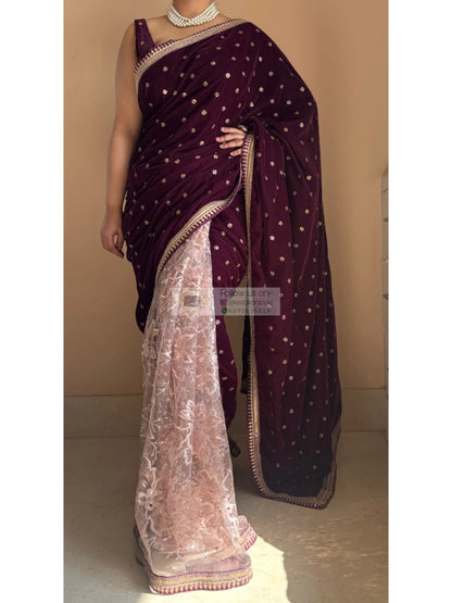 Purple Wine Velvet And Net Embellished Saree Kreation by KJ