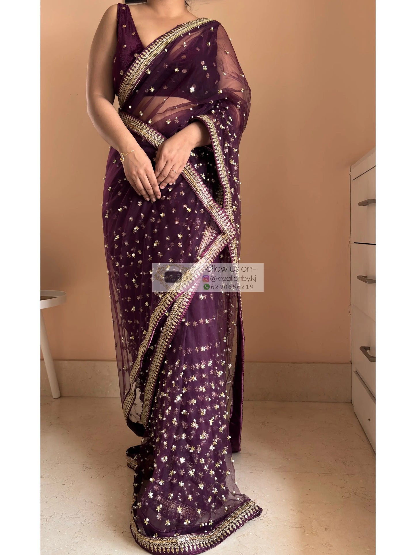 Wine Embellished Net Saree Kreation by KJ