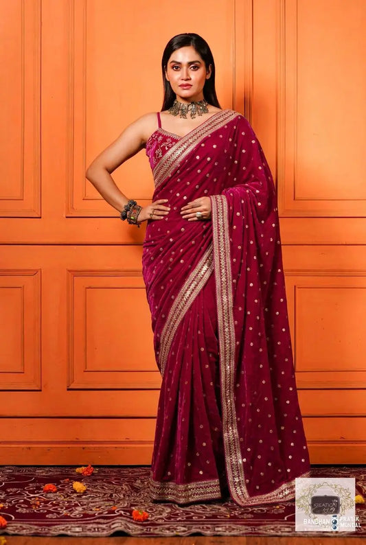 Royal Magenta Pink Velvet Saree Kreation by KJ