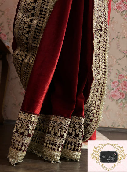 Maroon Velvet Banno Saree