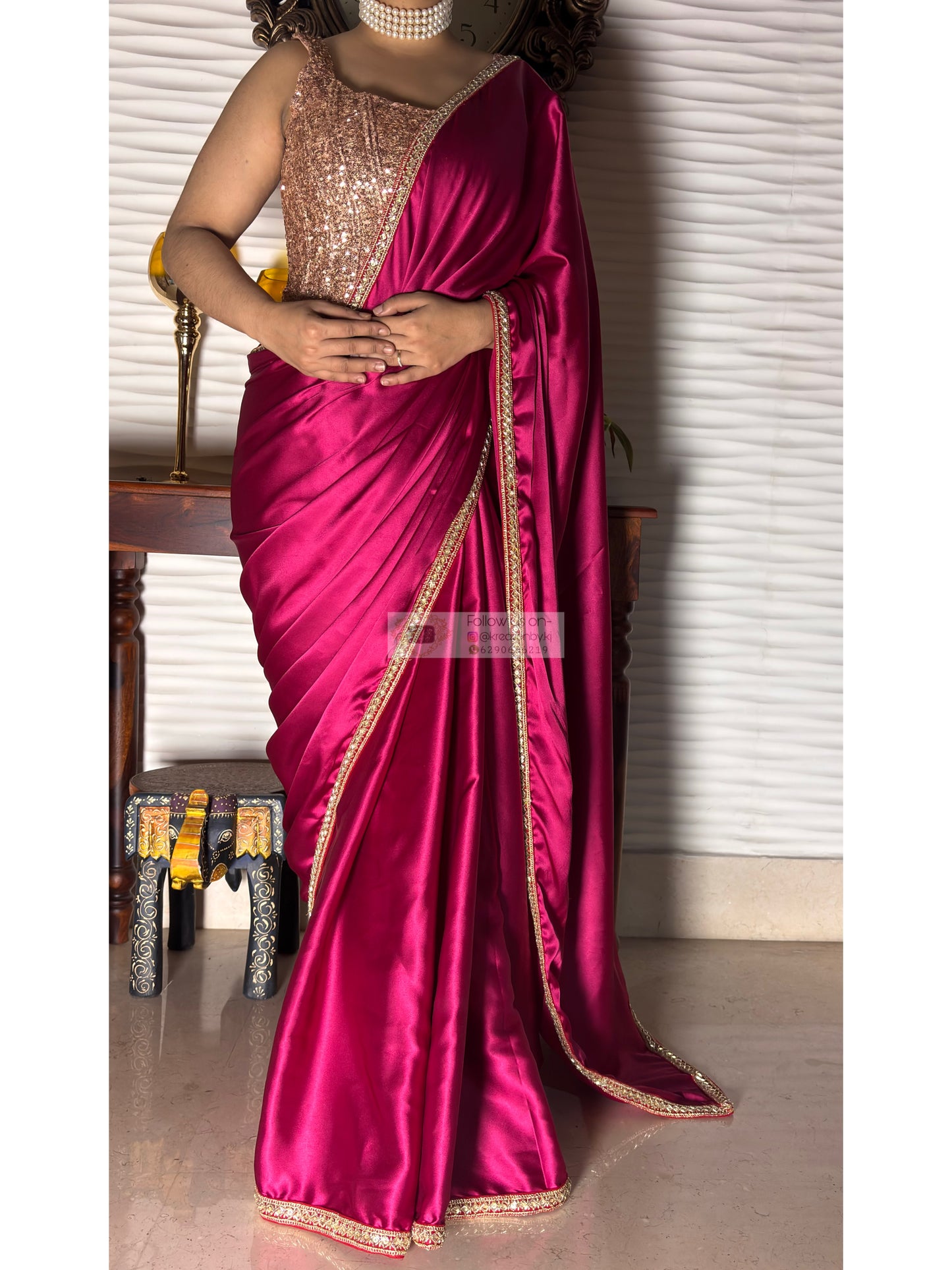 Hot Pink Satin Silk Cocktail Saree