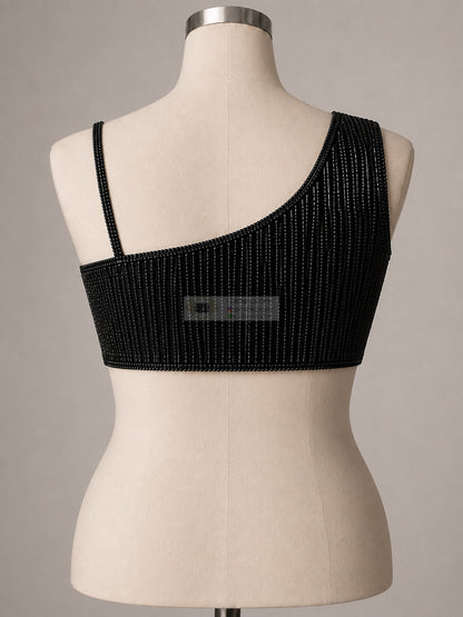 Black One-Shoulder Cutdana Fringe Blouse