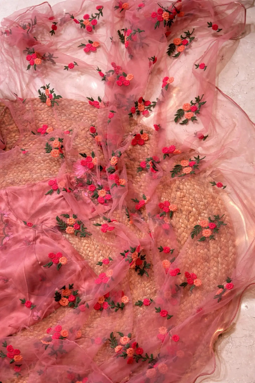 Peach Bouquet of Flowers Net Saree Kreation by KJ