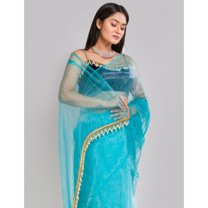Sky Blue Glass Tissue Saree With Cutdana Tassels