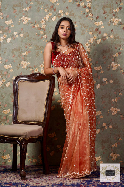 Marigold Glass Tissue Mehraab Jaal Saree