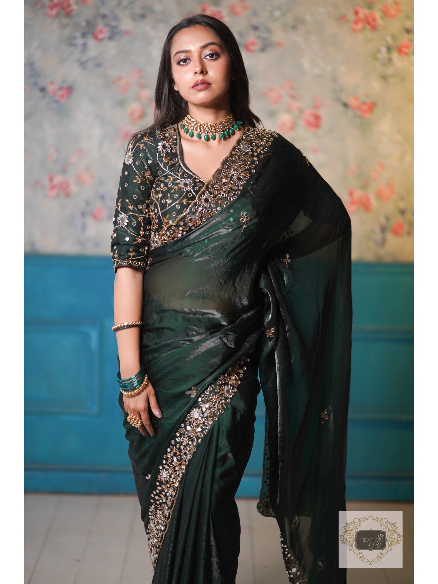 Bottle Green Shimmer Satin Sheesh Mahal Saree