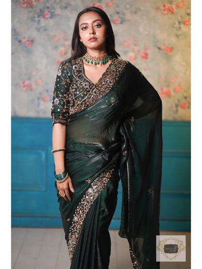 Bottle Green Shimmer Satin Sheesh Mahal Saree
