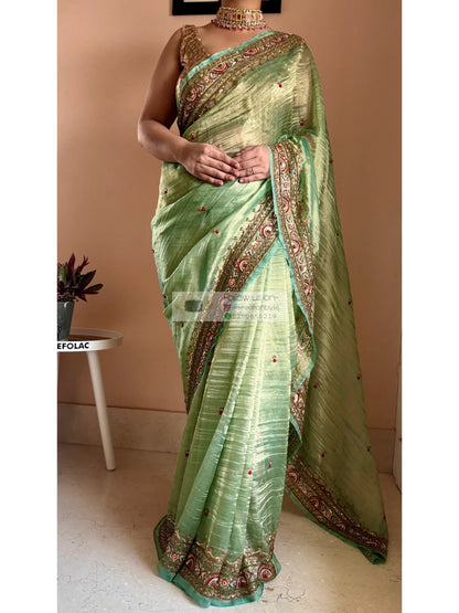 Green Tissue Saree with Hand embroidered Border Kreation by KJ