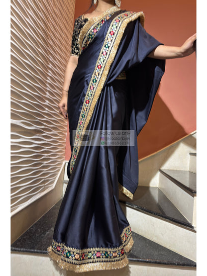 Navy Blue Satin Silk Floral Banno Saree kreationbykj
