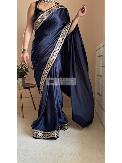 Dark Navy Blue Satin Silk Saree with Black Border kreationbykj