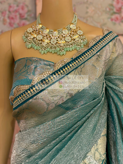 Sea Green Crushed Tissue Banarasi Saree