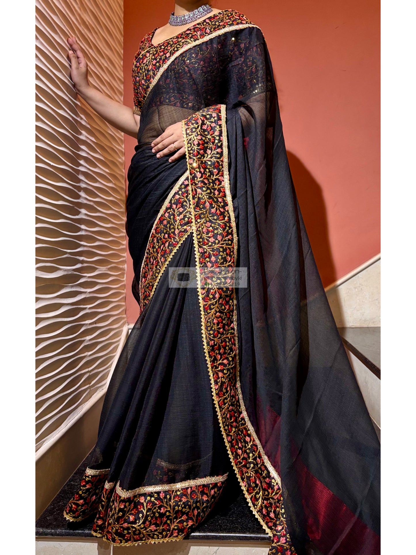 Black Crushed Chiffon Saree with Embellished Border