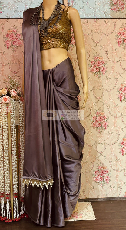 Purple Mauve Satin Silk Saree with Handmade Tassels on Pallu