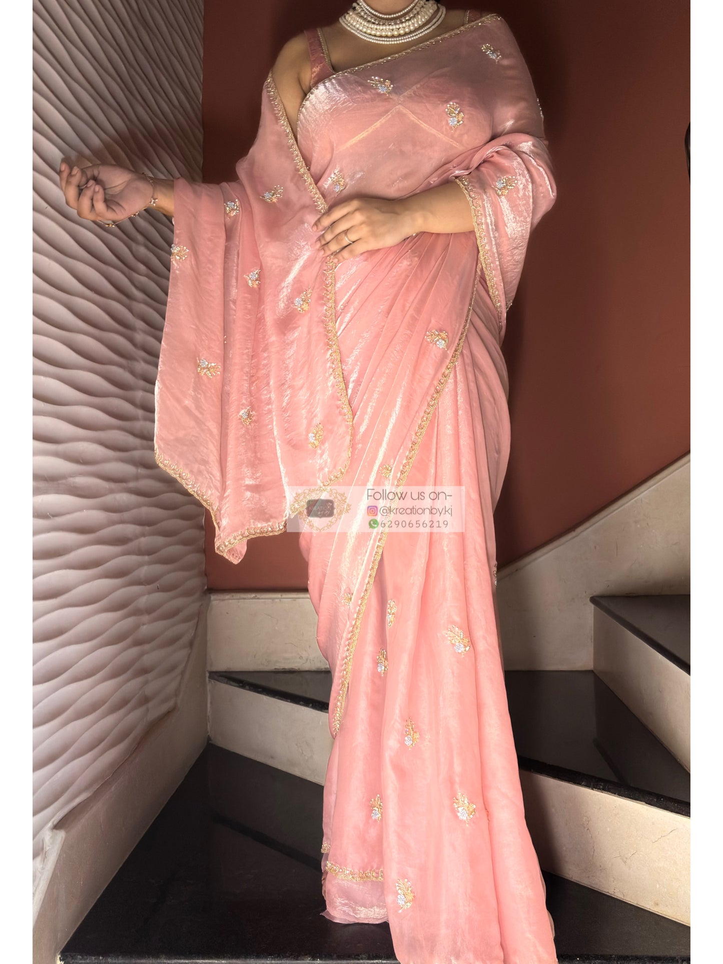Blush Pink Shimmer Satin Saree with Floral Motifs