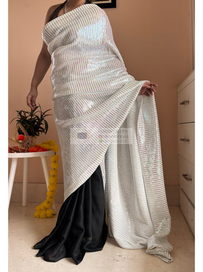 Dazzle White Sequin Half Cocktail Saree Kreation by KJ