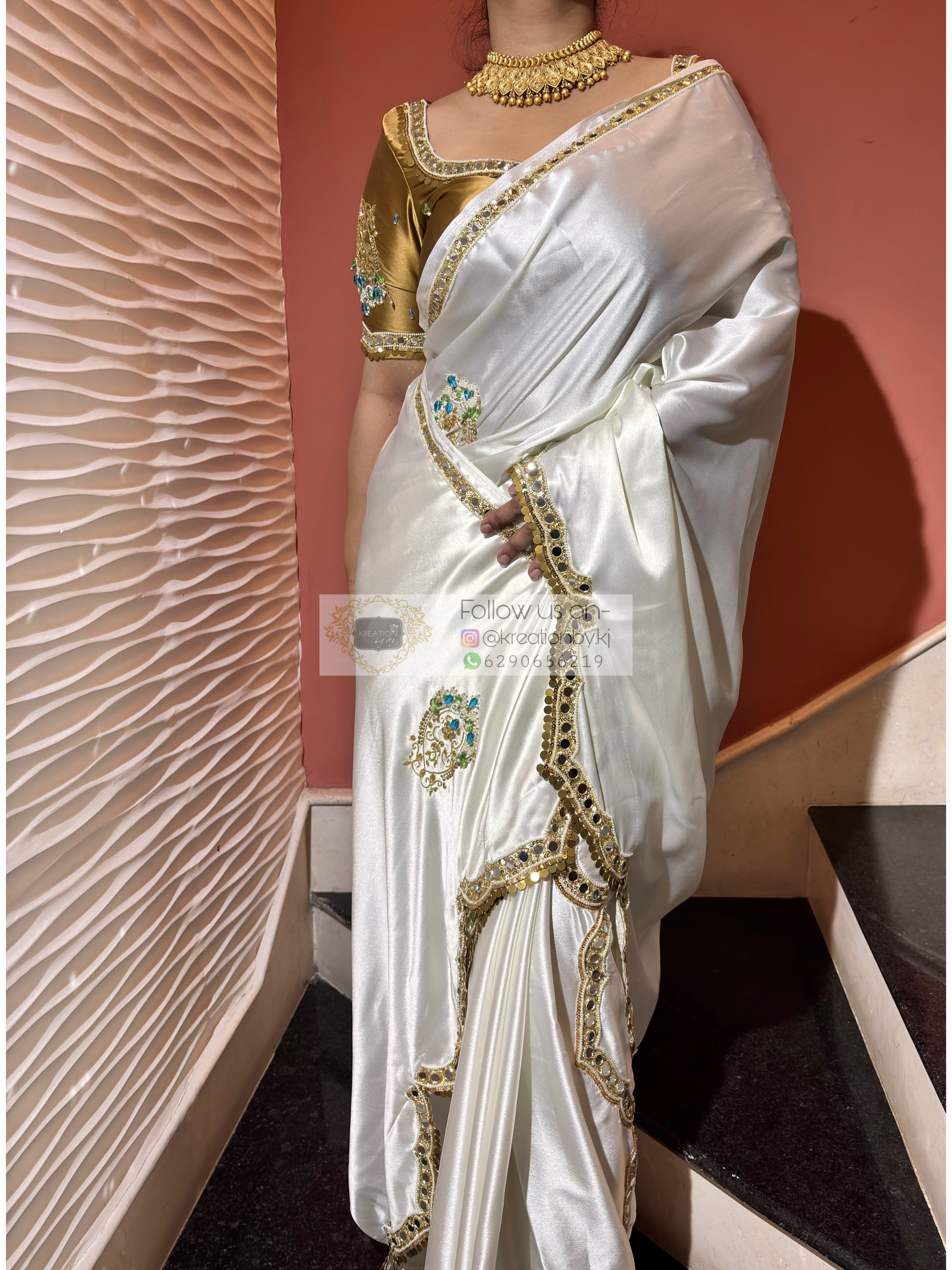 Snow Creme Satin Silk Saree With Real Mirror Work Kreation by KJ