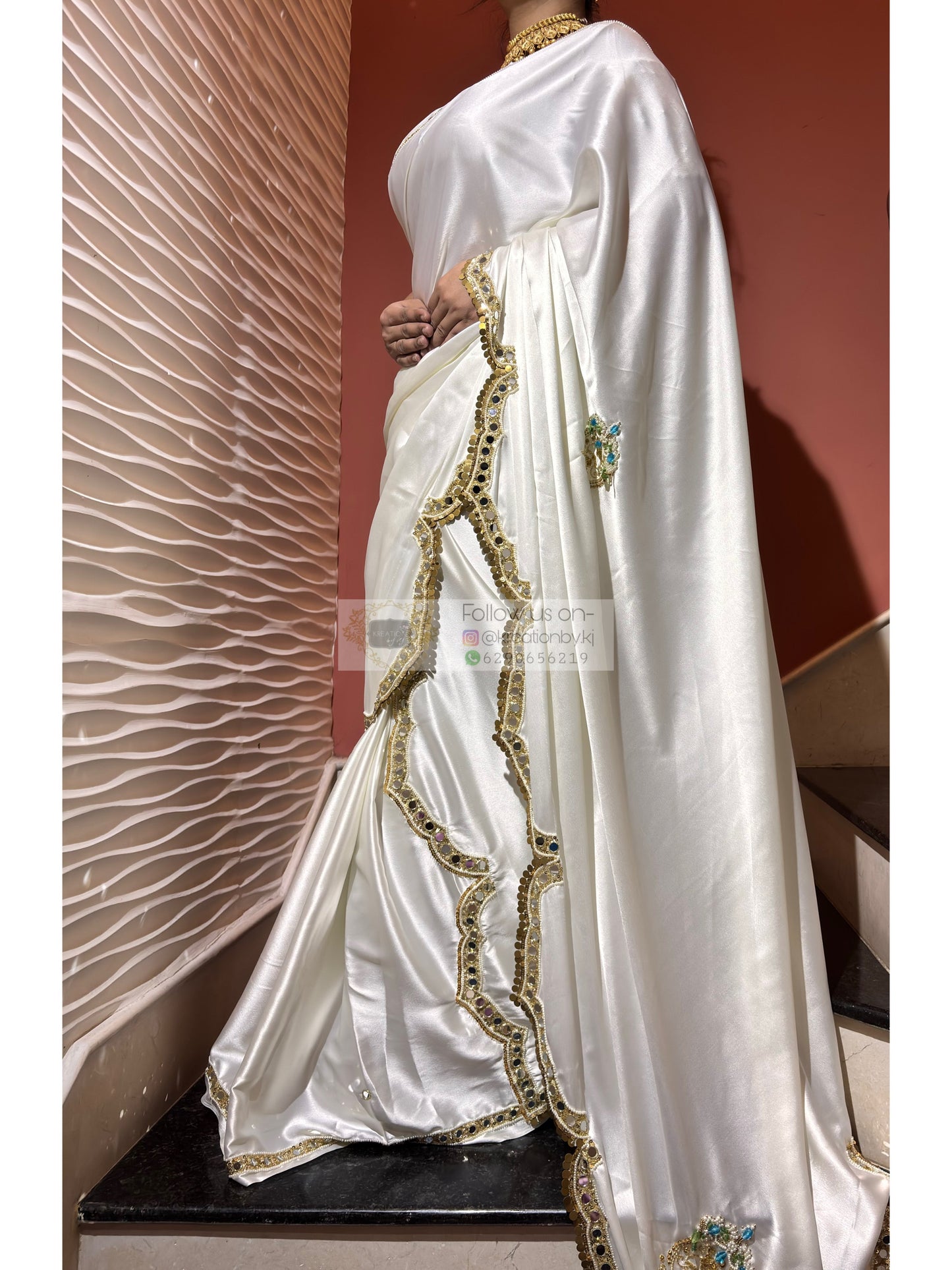 Snow Creme Satin Silk Saree With Real Mirror Work Kreation by KJ