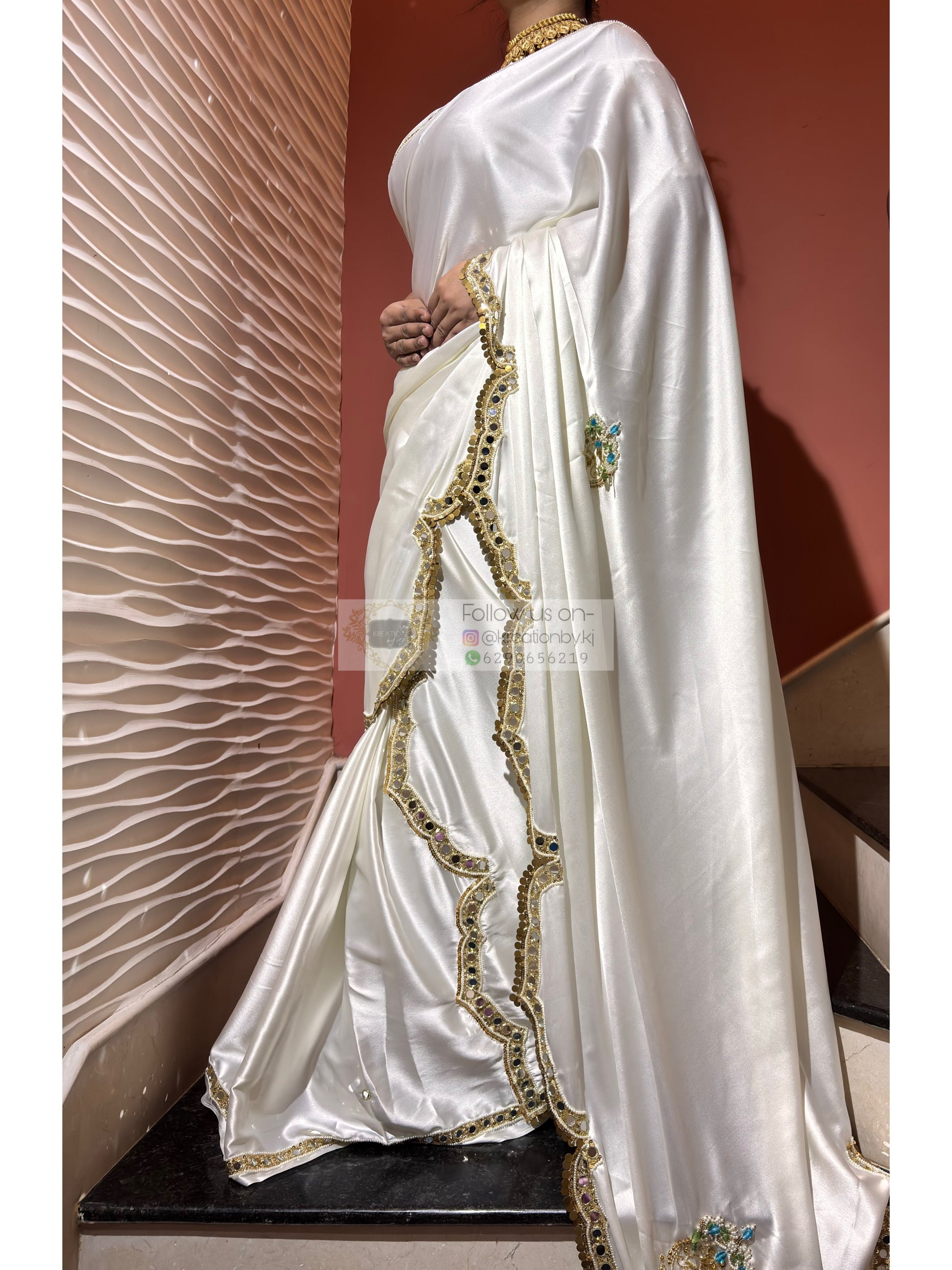 Snow Creme Satin Silk Saree With Real Mirror Work Kreation by KJ