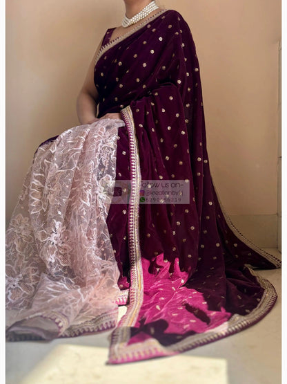 Purple Wine Velvet And Net Embellished Saree Kreation by KJ