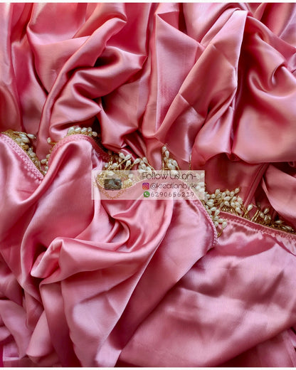 Old Rose Satin Silk Saree With Handmade Tassels On Pallu