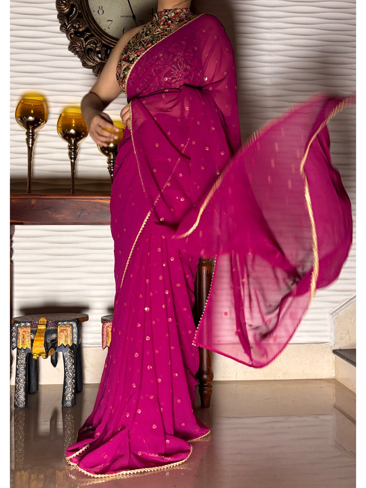 Wine Georgette Sequin Embellished Saree