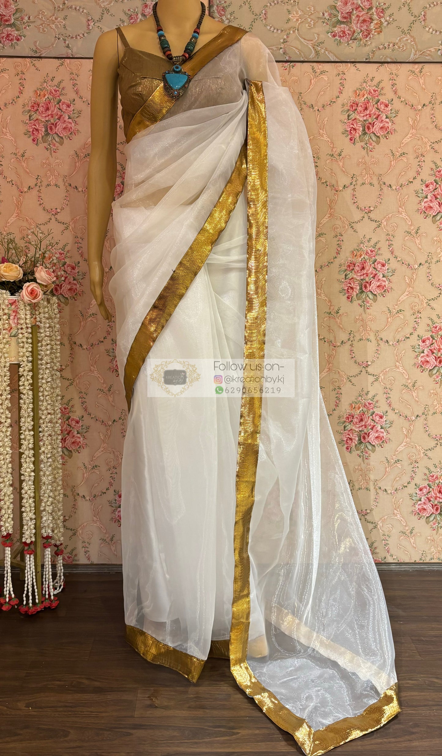 White Organza Saree with Gota Border